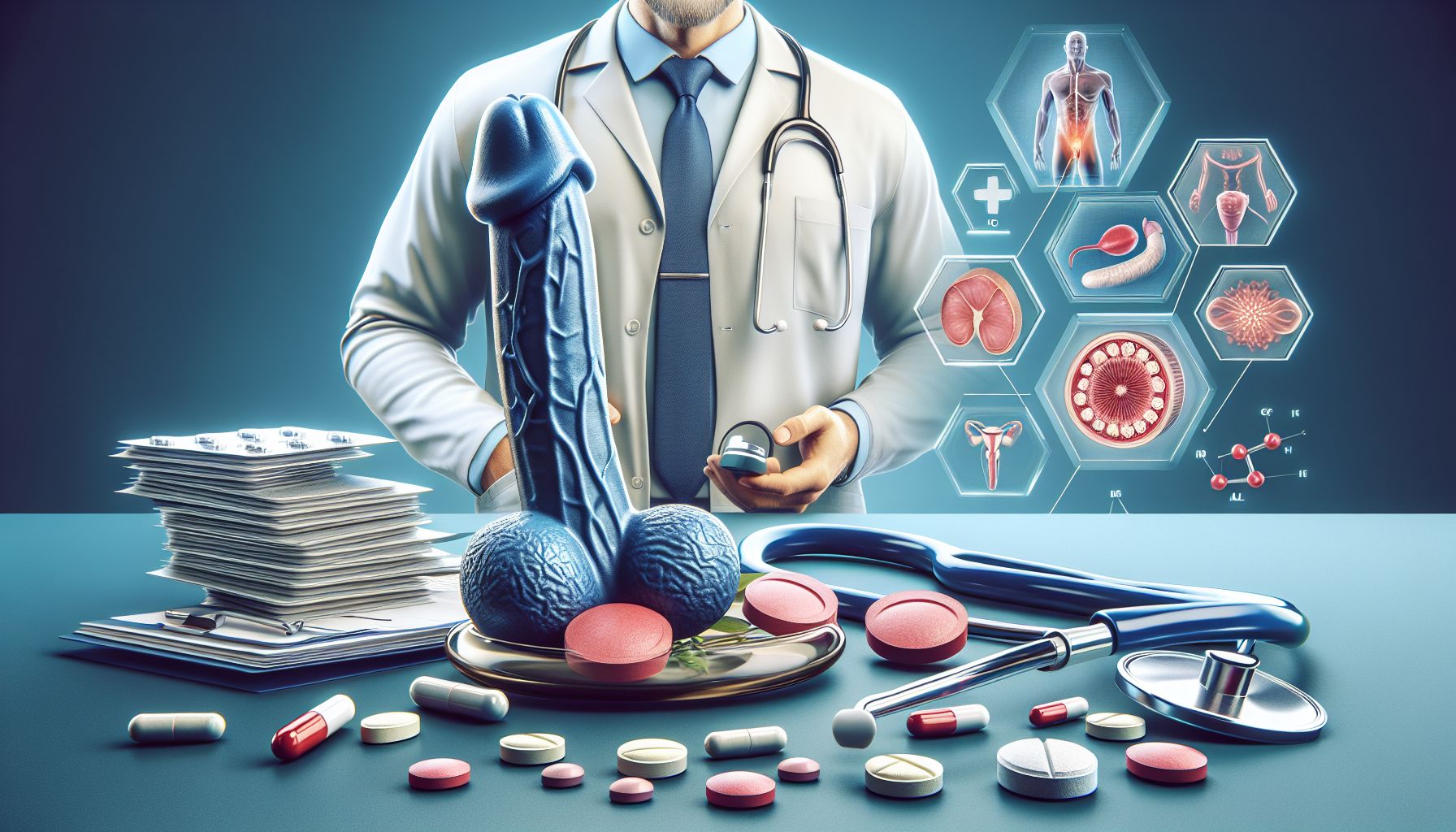 A doctor discussing erectile dysfunction treatment options with a patient using visual aids